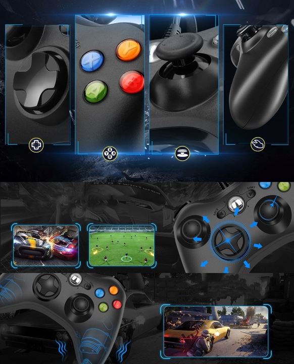 Kontroler USB Gamepad do konsoli Xbox 360/PC Win7, joystick z kablem