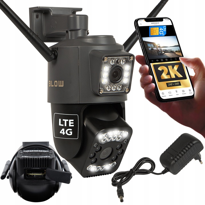 KAMERA OBROTOWA 2xOBIEKTYW 2MP+2MP ZOOM na kartę SIM 4G LTE GSM 2K DETEKCJA