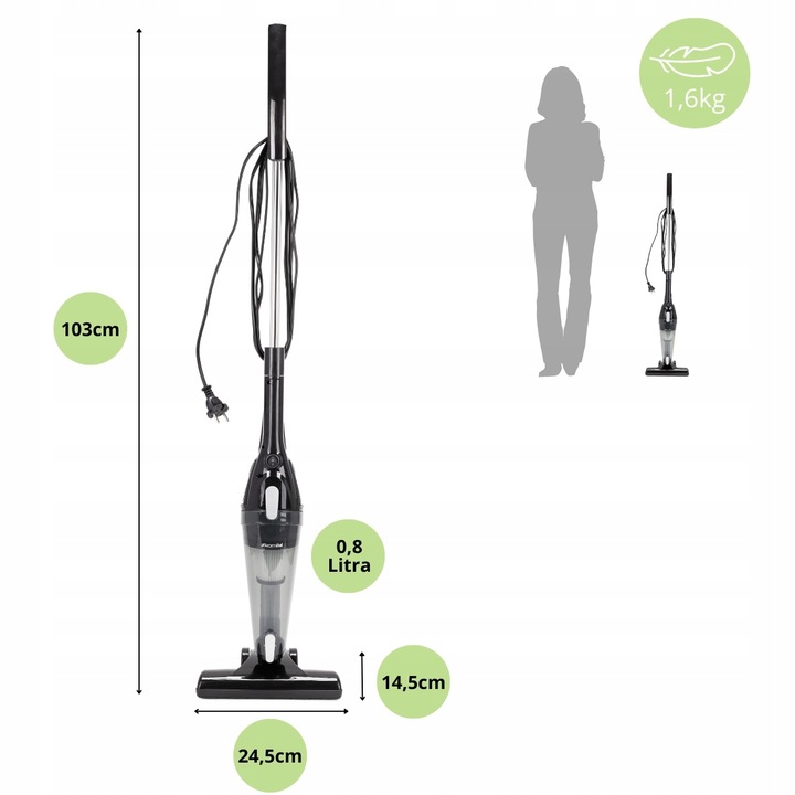 ODKURZACZ 2-w-1 RĘCZNY PIONOWY lekki MOCNY AKCESORIA filtr HEPA KAMILLE