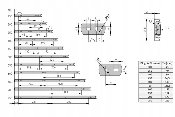 Prowadnica kulkowa H45 GTV PRO do szuflad 600 mm pełny wysuw udźwig