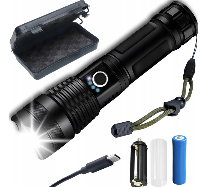 LATARKA LED MOCNA AKUMULATOROWA TAKTYCZNA ZOOM BIWAKOWA USB-C