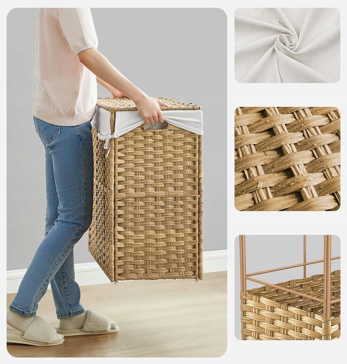 Kosz NA PRANIE pojemnik RATTAN naturalny NA KÓŁKACH 3 PRZEGRÓDKI 140L