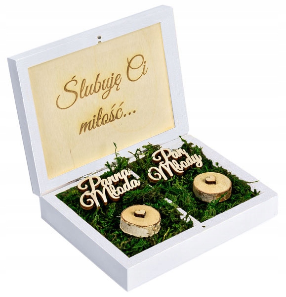 PUDEŁKO Na Obrączki z Tekstem BIAŁE Mech Ślub