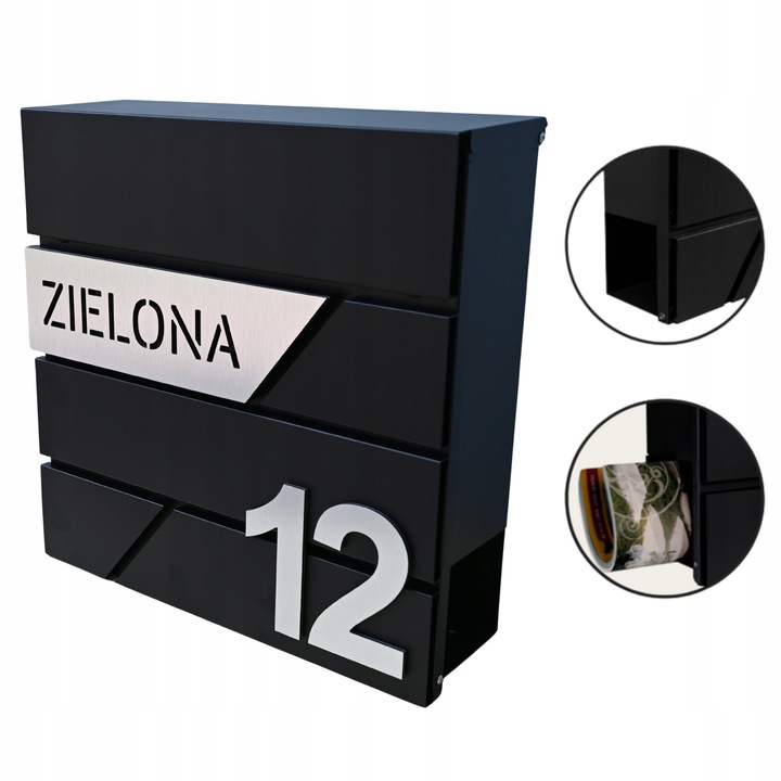 SKRZYNKA POCZTOWA NA LISTY Z ADRESEM NUMER DOMU WZORY DUŻA CZARNA RAL