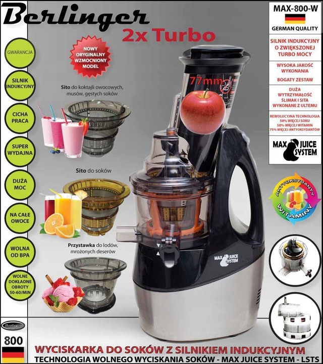 Wyciskarka wolnoobrotowa Berlinger 800W mocna sokowirówka 3 sita duży