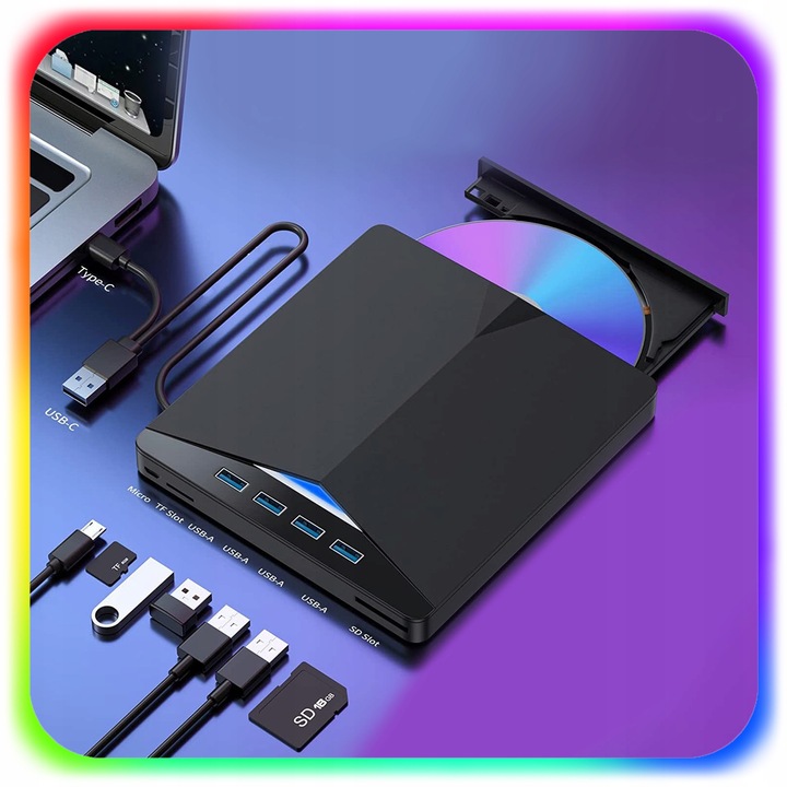 NAPĘD ZEWNĘTRZNY CD DVD ODTWARZACZ PŁYT PRZENOŚNY NAGRYWARKA HUB USB-C 3.0