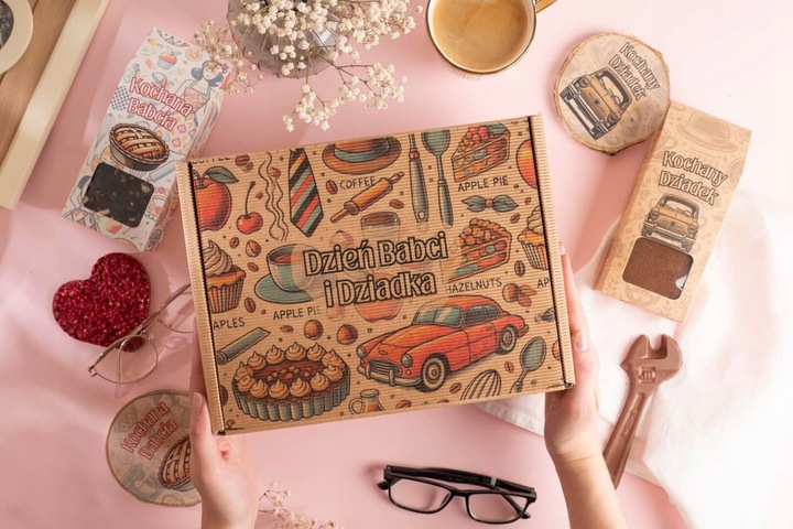 PREZENT NA DZIEŃ BABCI I DZIADKA zestaw z nadrukiem podkładki kawa herbata