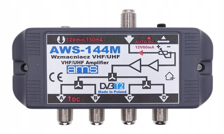 Wzmacniacz antenowy DVB-T2 budynkowy do 4 TV AWS-144M + zasilacz AMS