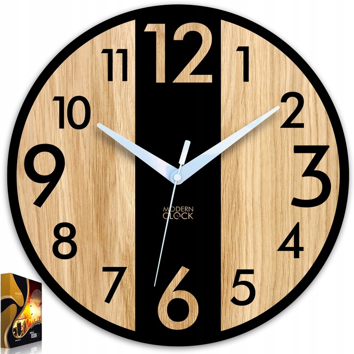 Zegar ścienny drewniany Dębowy LINCOLN - 33 cm cichy, zegar do salonu