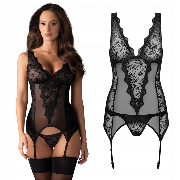 Elegancki gorset i stringi czarny welur Emperita od Obsessive L/XL