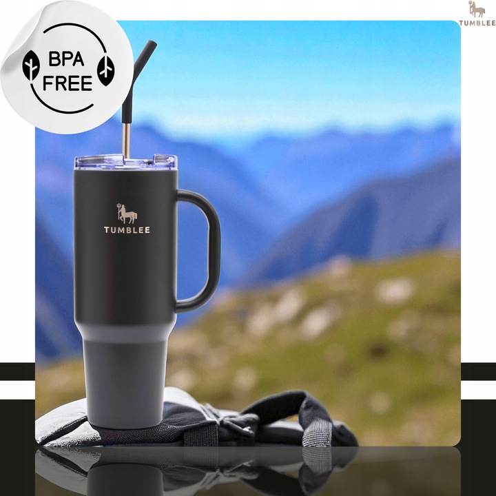 DUŻY Kubek Termiczny ze STALOWĄ SŁOMKĄ do Auta na Kawę Herbatę Zimne Napoje