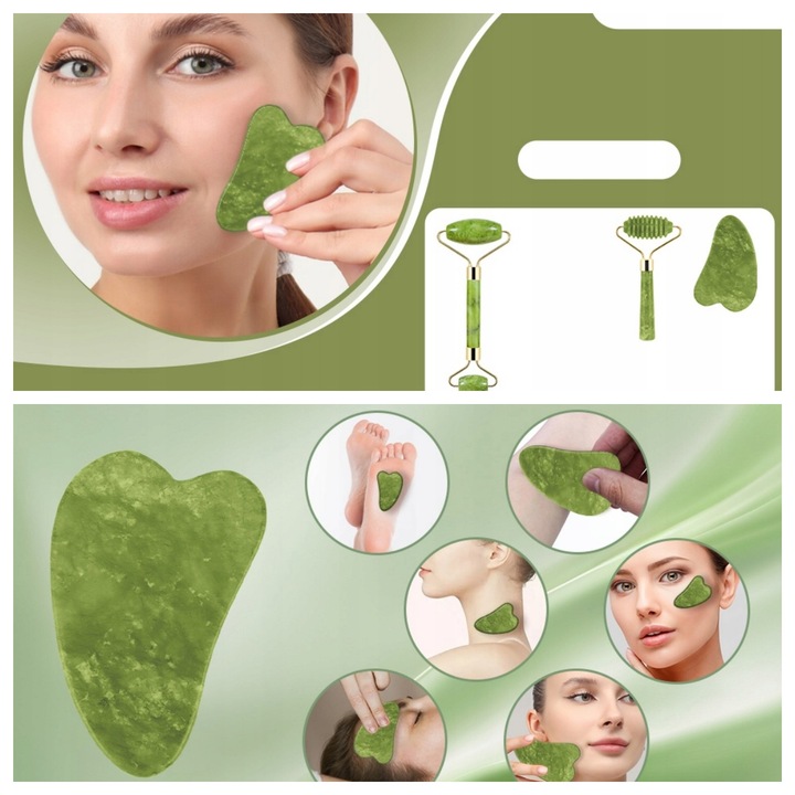3w1 Masażer do twarzy KAMIEŃ GUA SHA z jadeitu zestaw roller wałek masażu