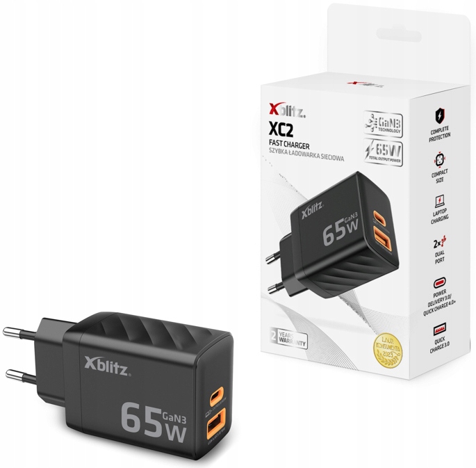 SZYBKA PODWÓJNA ładowarka sieciowa Xblitz XC2 GaN3 USB-C PD 65W USB-A QC3.0