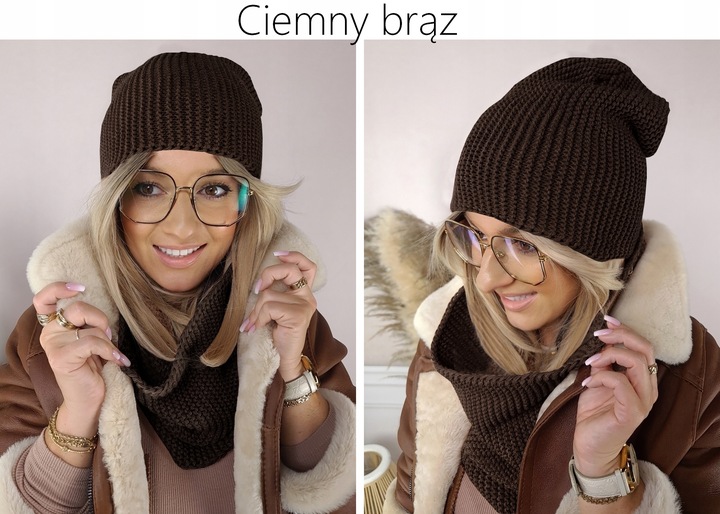 CIEPŁY KOMPLET CZAPKA + KOMIN damski POLSKI zimowy szal CIEMNA