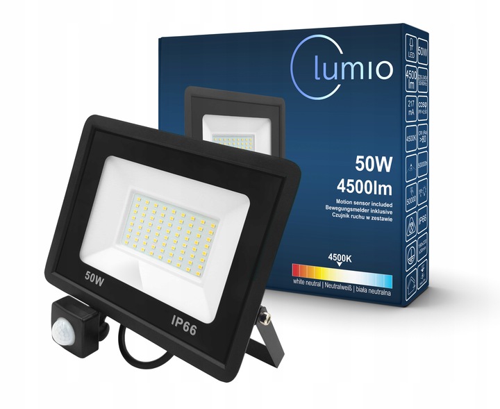 HALOGEN Z CZUJNIKIEM NAŚWIETLACZ LAMPA LED 50W 4500lm IP66 NEUTRALNY