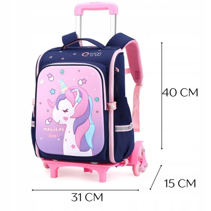 PLECAK SZKOLNY TORNISTER NA KÓŁKACH DO SZKOŁY POJEMNY JEDNOROŻEC WALIZKA