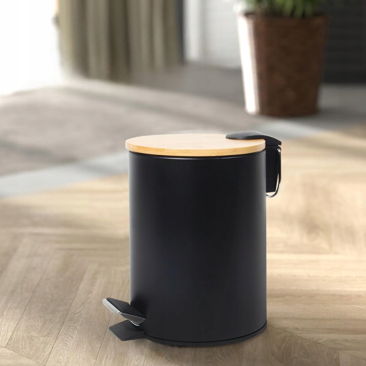 ŁAZIENKOWY KOSZ NA ŚMIECI 3L OKRĄGŁY CZARNY MAT BAMBUS Z PEDAŁEM