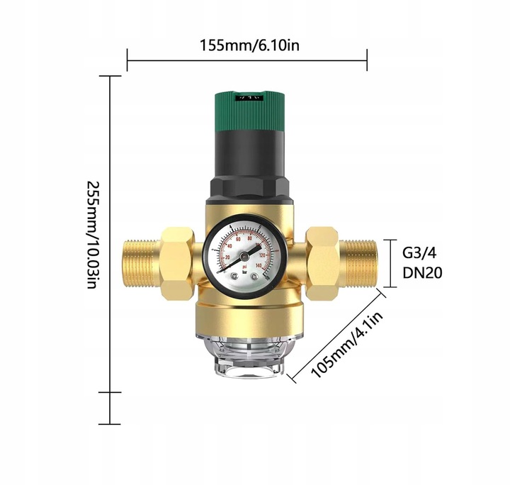 REDUKTOR CIŚNIENIA WODY MOSIĘŻNY 1" DN25 Z FILTREM I MANOMETREM 3/4