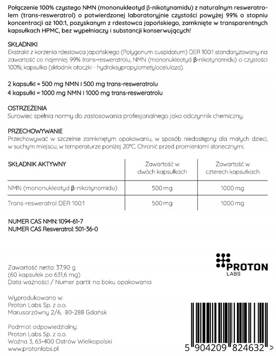 Proton Labs NMN 100% + Resveratrol 99% w kapsułkach RESWERATROL 60