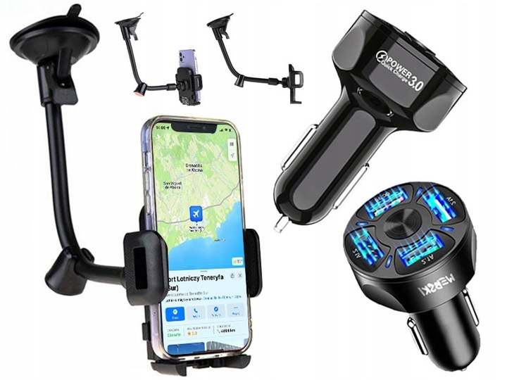 ZESTAW ŁADOWARKA 4xUSB 7A UCHWYT DO SZYBY DŁUGI ELASTYCZNY PODPÓRKA