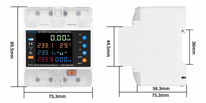 Licznik energii prądu 3-fazowy 2-kierunki PV przekaźnik 100A LCD WiFi