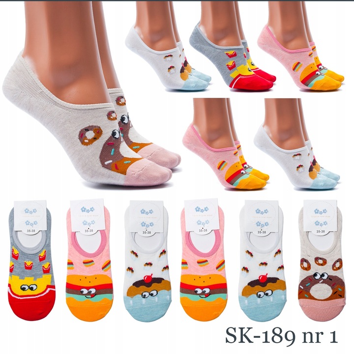 6x STOPKI DAMSKIE BAWEŁNIANE KOLOROWE SKARPETKI SILIKON WESOŁE WZORY