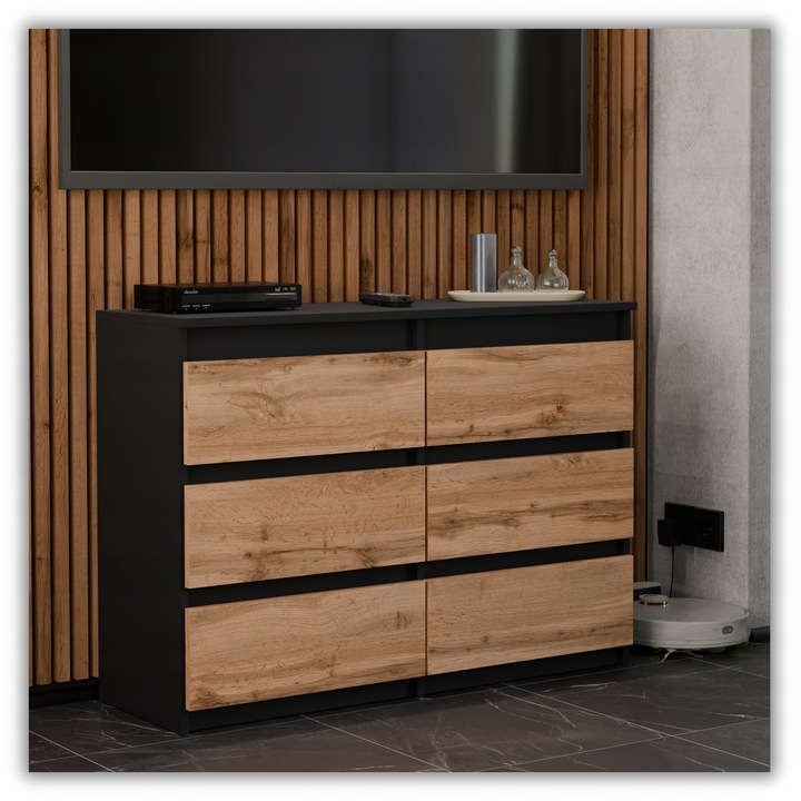 KOMODA Z 6 SZUFLADAMI 100 CM CZARNA DĄB WOTAN POJEMNA SZAFKA RTV LOFT