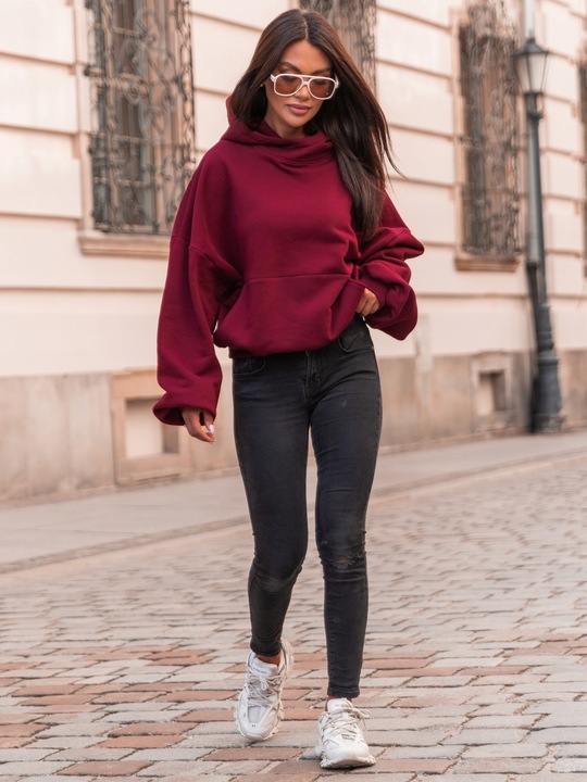 Bawełniana dresowa damska bluza z kapturem na stójce oversize bordowa