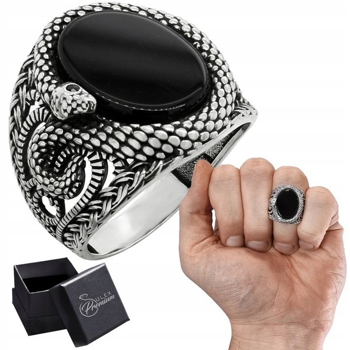 Sygnet srebrny Wąż pr. 925 Pierścień z Owalnym Onyksem i wężem | r. 20