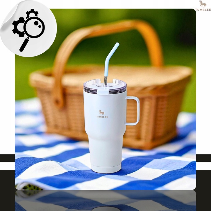 Kubek Termiczny z WYGODNYM Uchwytem i STALOWĄ Słomką TEMPERATURA DO