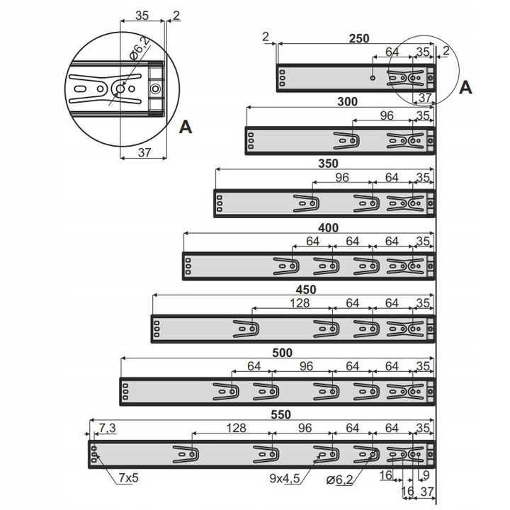 Prowadnica kulkowa SVS Sevroll do szuflad push to open 250 mm Tip-On