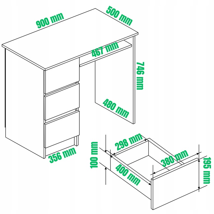 Biurko RADEK 90 cm białe komputerowe 3 szuflady prawe laminowane