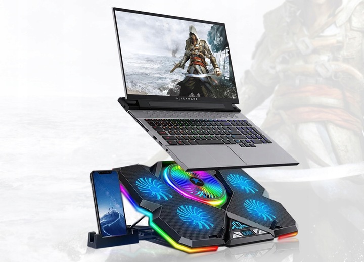 PODSTAWKA PODKŁADKA CHŁODZĄCA POD LAPTOPA PODŚWIETLANA + UCHWYT NA TELEFON