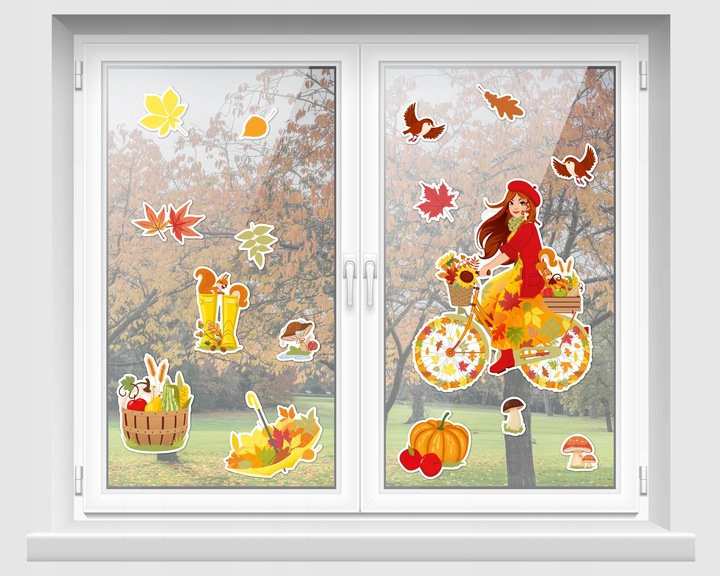 DEKORACJA JESIENNA DWUSTRONNA OKIENNA - PANI JESIEŃ NA ROWERZE (16 el.)