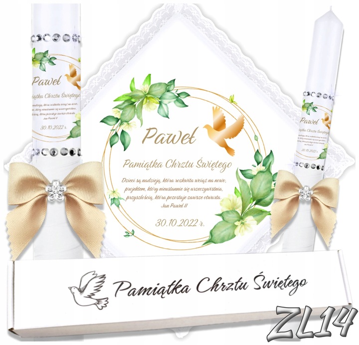 Biała szatka i świeca do chrztu ECO imię i data BOHO gromnica pudełko