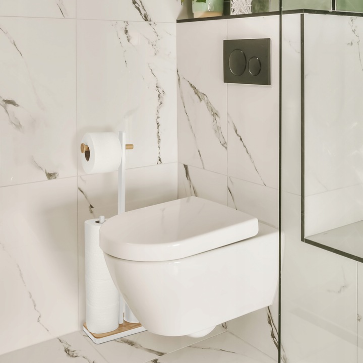 Stojak na papier toaletowy z uchwytem i szczotką WC biały bambus YOKA