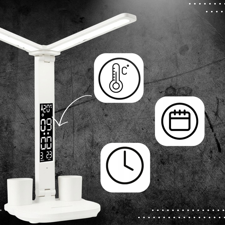 PODWÓJNA LAMPKA BIURKOWA LED Z WYŚWIETLACZEM ZEGAR ORGANIZER TEMP.