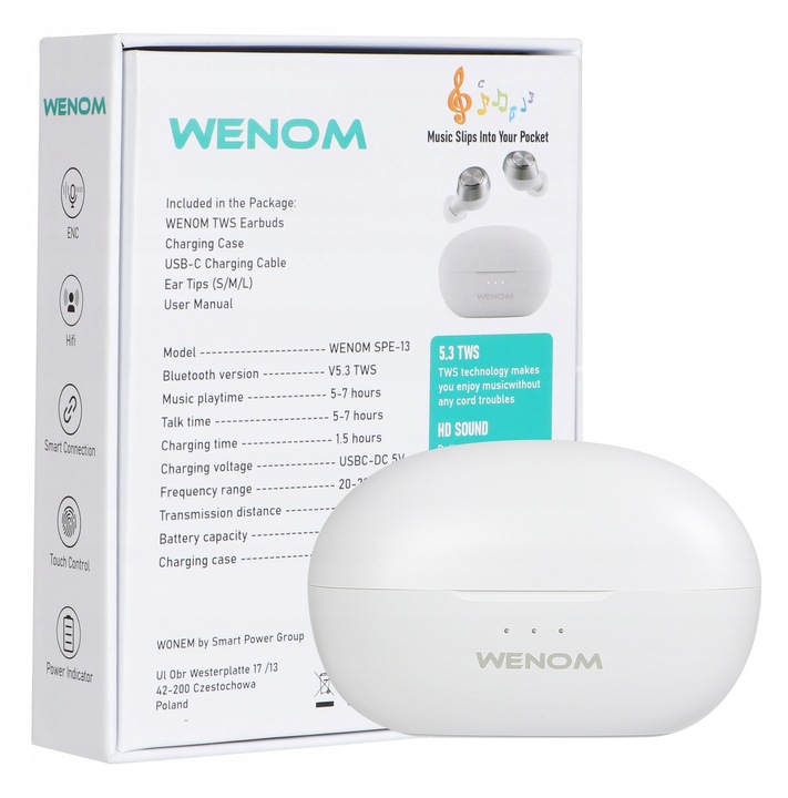 SŁUCHAWKI BEZPRZEWODOWE DOKANAŁOWE SPE-13 BLUETOOTH WODOODPORNE 2 mikrofony