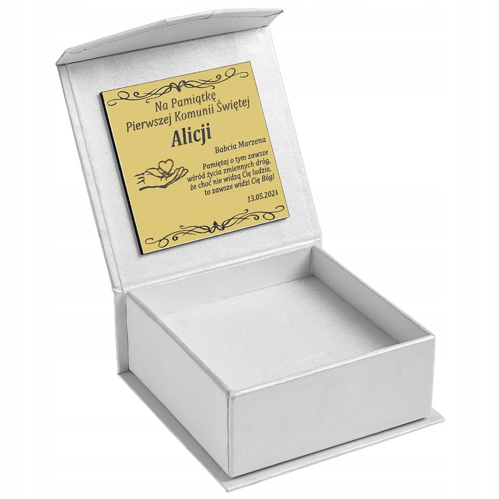 PAMIĄTKA KOMUNII ŚWIĘTEJ / PUDEŁKO NA KOMUNIĘ + TOREBKA + GRAWER DEDYKACJA