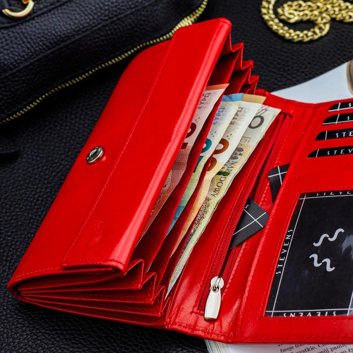Duży Pojemny Portfel Damski Skórzany STEVENS Czerwony Z Ochroną RFID