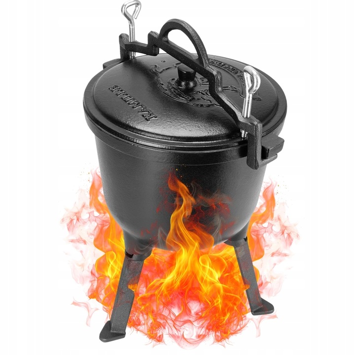 KOCIOŁEK MYŚLIWSKI ŻELIWNY EMALIOWANY GARNEK STOJĄCY NA OGNISKO 10L