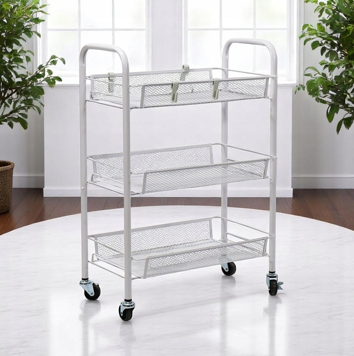 Metalowy wózek wielofunkcyjny 3-poziomowy z kółkami biały regał szafka