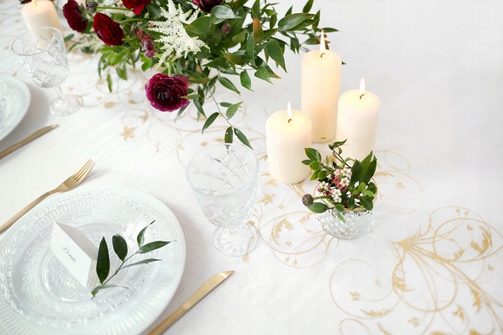 Organza Bieżnik Kremowa Złoty Wzór Dekoracja Stołu Komunia Chrzest Wesele