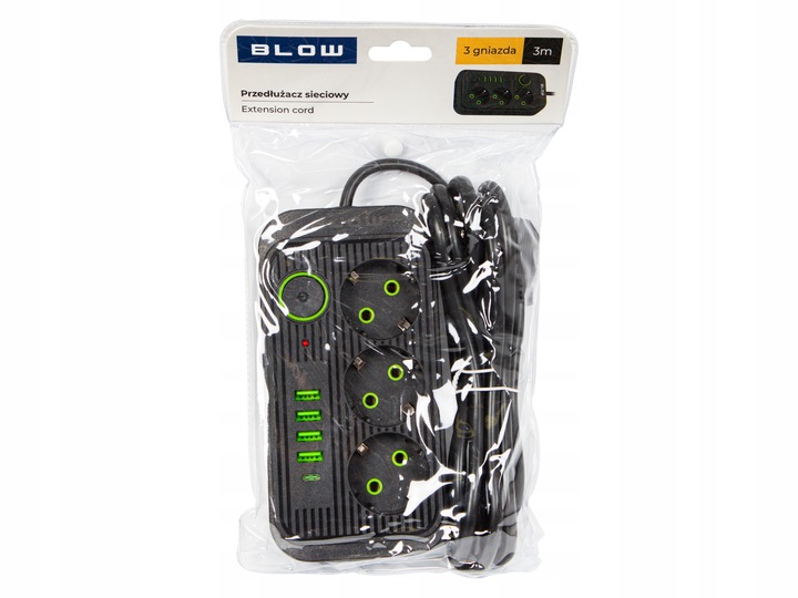 PRZEDŁUŻACZ LISTWA ZASILAJĄCA WŁĄCZNIK 4x USB 3 GNIAZDA 3m USB TYP C
