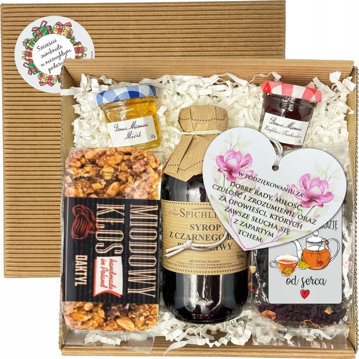 ZESTAW DLA BABCI I DZIADKA HERBAT SYROP KONFITURA MIÓD PUDEŁKO UPOMINEK BOX