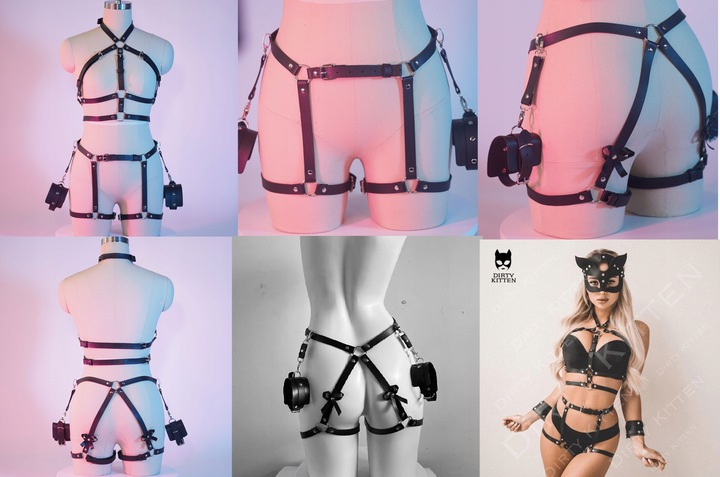 KOMPLET BIELIZNA EROTYCZNA SEXY CZARNA SKÓRZANA S