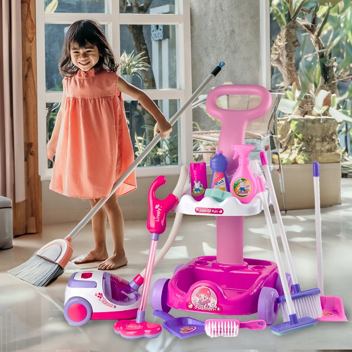 ZESTAW DO SPRZĄTANIA NA WÓZKU Z ODKURZACZEM DŹWIĘK SZCZOTKA MOP DLA DZIECI