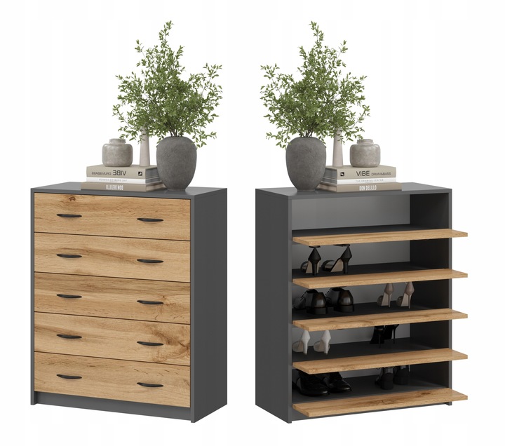 SZAFKA NA BUTY,KOMODA 5K ANTRACYT DĄB WOTAN