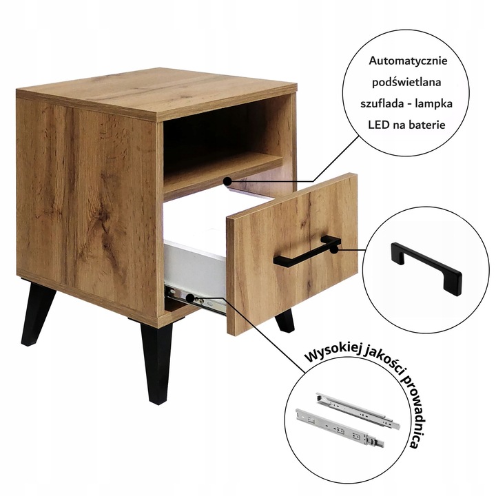 Stolik Nocny z Szufladą Oświetlenie LED Szafka Nocna złożona Loft DĄB