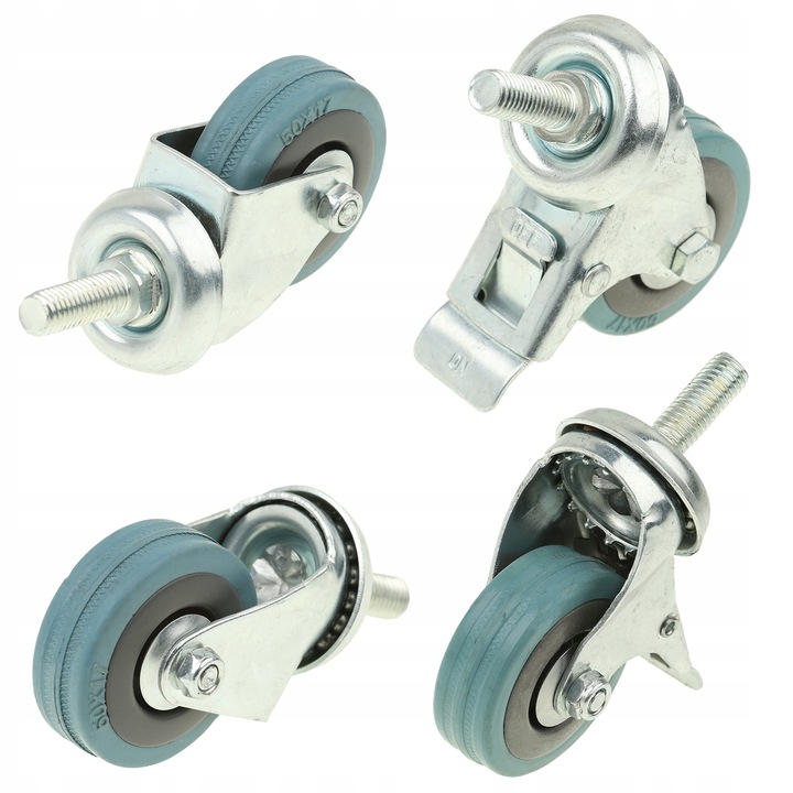 Zestaw kółek 50 mm kółka gumowe nie rysujące 100kg 4szt hamulce gwint